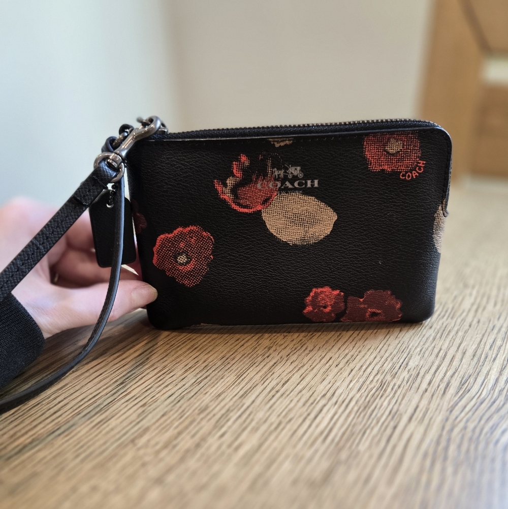 Coach Outlet Black Wristlet with Red Floral Accents
